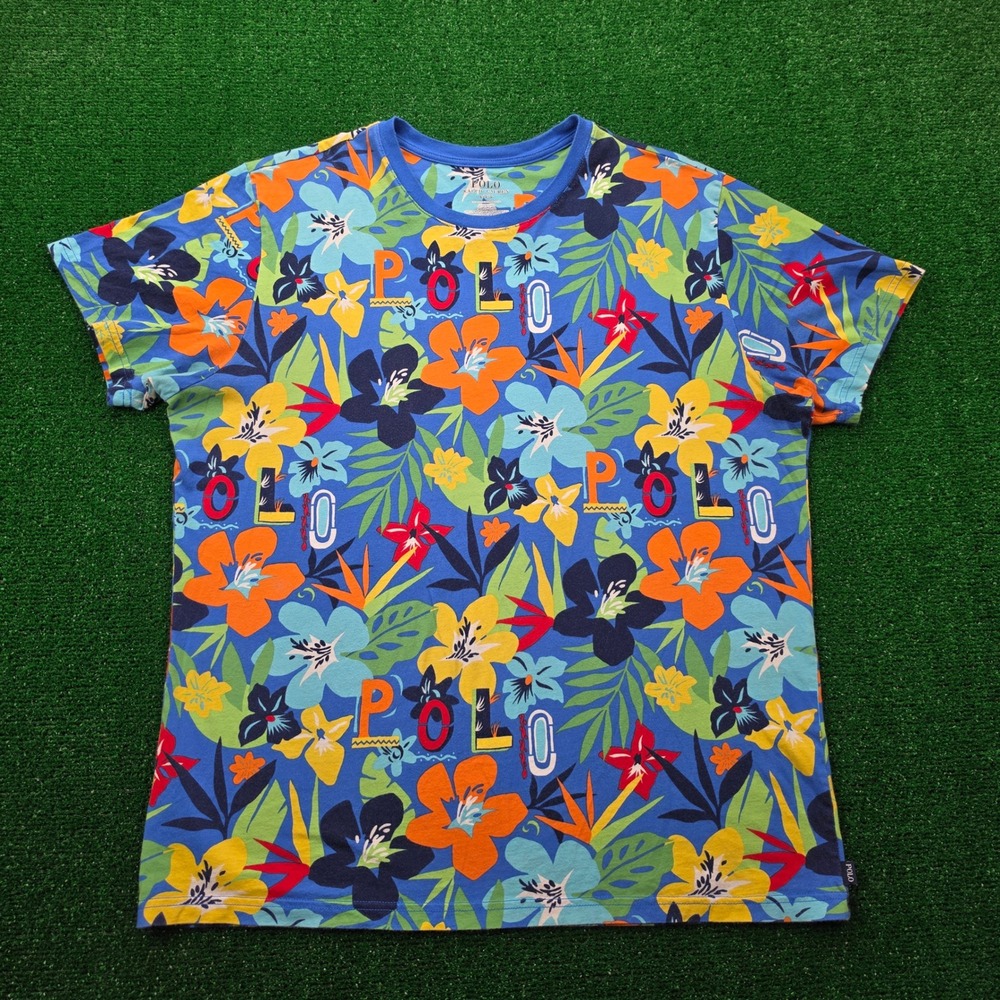 Polo Ralph Lauren All-Over Floral Hawaiian Spellout Tshirt Mens Large Streetwear